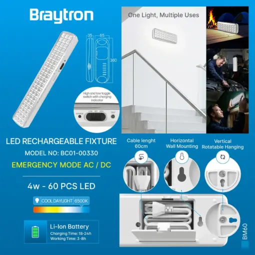 BRY-BM60-60LED-6500K-WHT-RECHARGEABLE LIGHT – BC01-00330