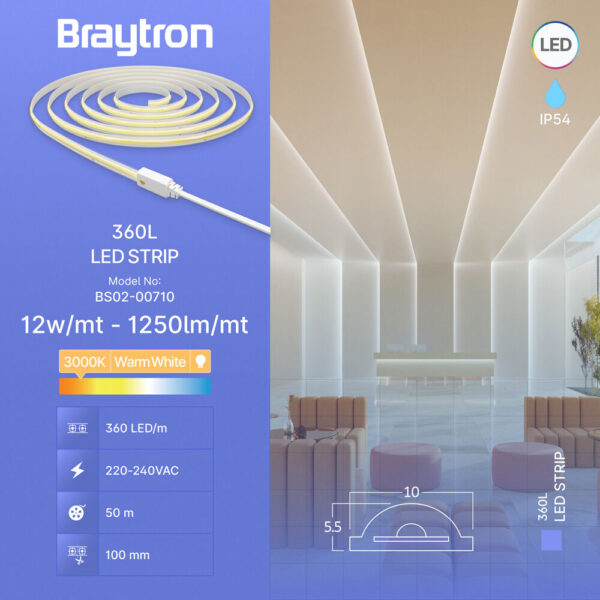 Ταινία led cob 12w/m 1250lm/m 220V IP65 3000k – BS02-00710