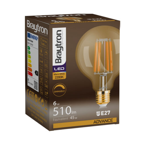 Λάμπα led G95 filament μελί 6W E27 2200K dimmable – BB47-60620