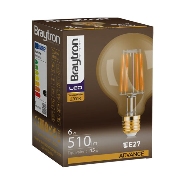 Λάμπα led G95 filament μελί 6W E27 2200K – BB47-00620