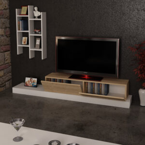 Έπιπλο τηλεόρασης Rumba pakoworld σε λευκή-oak απόχρωση 180x30x31εκ – 120-000489