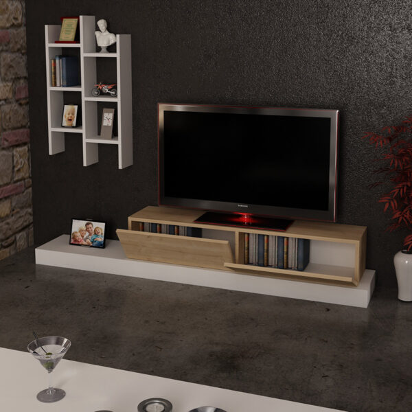 Έπιπλο τηλεόρασης Rumba pakoworld σε λευκή-oak απόχρωση 180x30x31εκ – 120-000489