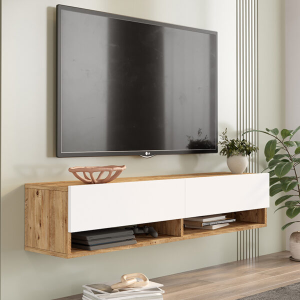 Έπιπλο τηλεόρασης επιτοίχιο Roscoe pakoworld λευκό-sonoma 140×31.6×29.6εκ – 176-000065