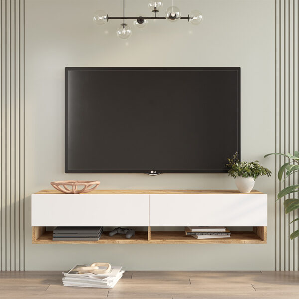 Έπιπλο τηλεόρασης επιτοίχιο Roscoe pakoworld λευκό-sonoma 140×31.6×29.6εκ – 176-000065