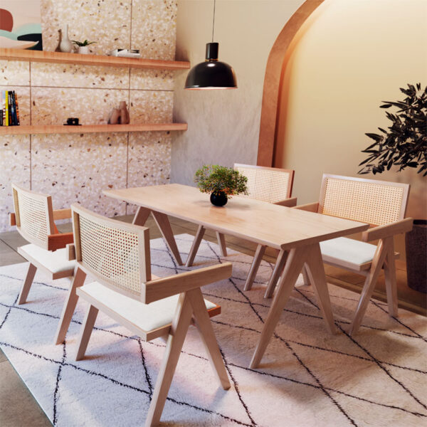 Πολυθρόνα Winslow pakoworld ξύλο rubberwood ανοικτό καρυδί-pvc rattan φυσικό-ύφασμα γκρι – 247-000004