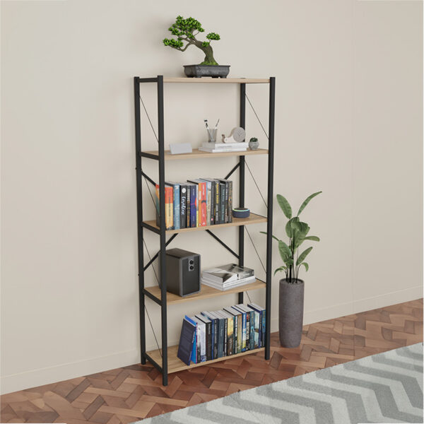 Βιβλιοθήκη Draizy pakoworld oak μελαμίνης-μαύρο μέταλλο 63x30x150εκ – 321-000005