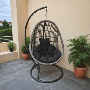 Κούνια φωλιά με βάση Cungo pakoworld μέταλλο – pe rattan σε γκρι απόχρωση 125x105x195εκ – 368-000007