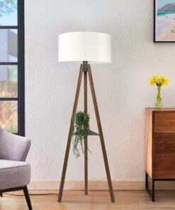 GloboStar® SHELF 204-0129 Μοντέρνο Eπιδαπέδιο Φωτιστικό Μονόφωτο 1 x E27 IP20 Καφέ Ξύλο με Μπεζ Ύφασμα – Μ38 x Π38 x Υ135cm