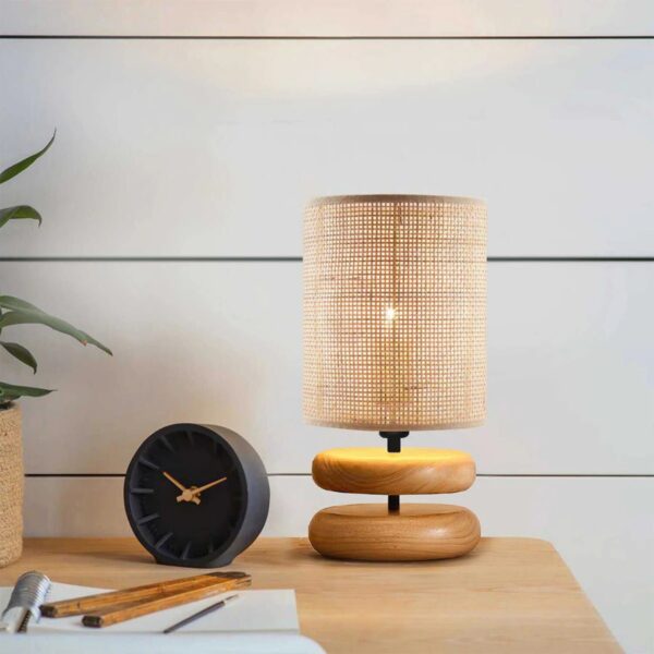 GloboStar® KLOO 204-0143 Boho Eπιτραπέζιο Φωτιστικό Μονόφωτο 1 x E14 IP20 Καφέ Ξύλο με Μπεζ Διάτρητο Ύφασμα – Μ15 x Π15 x Υ35cm