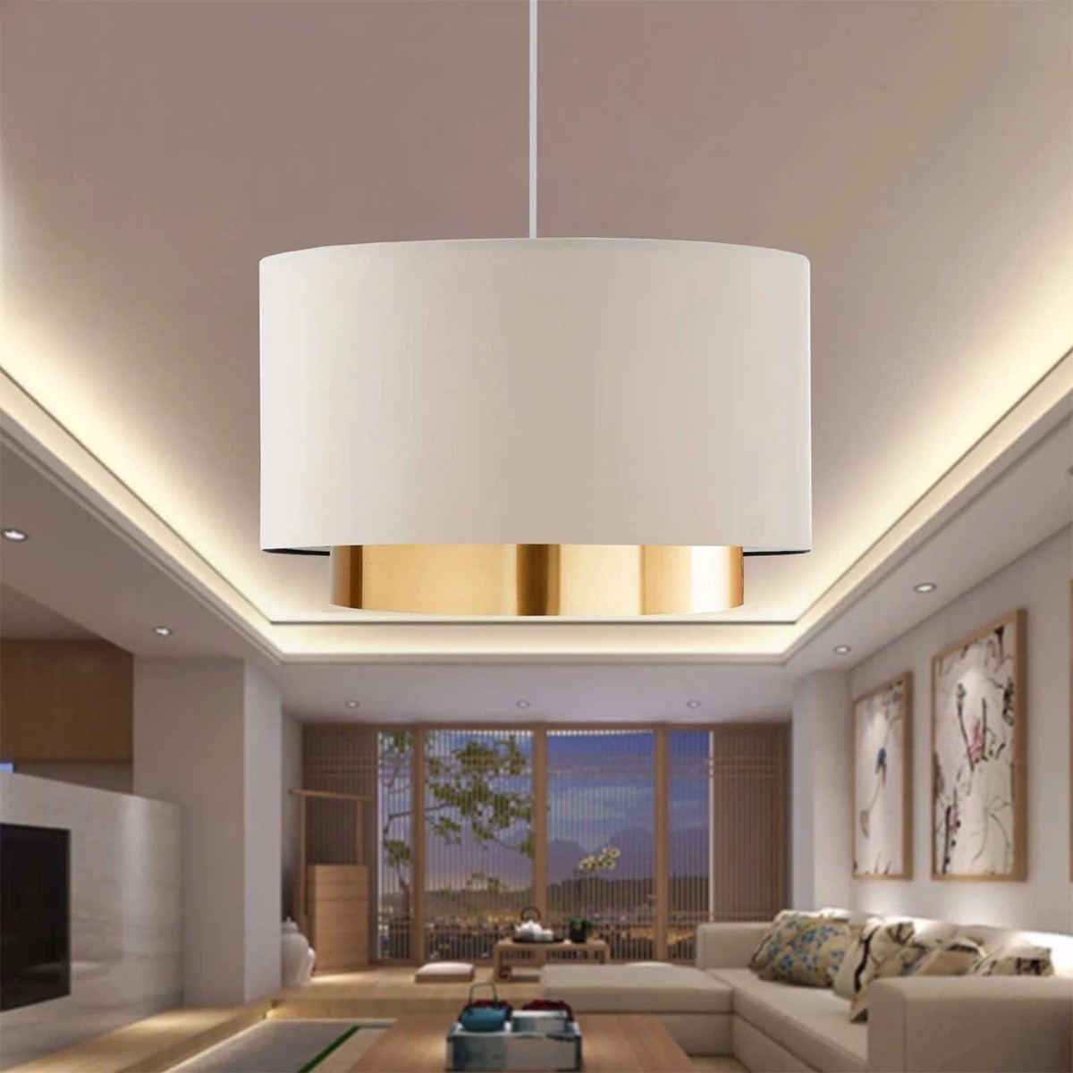 GLOBOSTAR® BASIL 204-0173 Μοντέρνο Κρεμαστό Φωτιστικό Οροφής με Ντουί 1 x E27 AC 220-240V IP20 – Μπεζ & Χρυσό – Μ30 x Π30 x Υ20cm