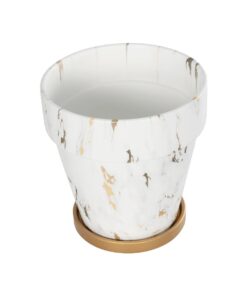 GloboStar® Artificial Garden DENPASAR 20526 Διακοσμητική Κεραμική Γλάστρα Λευκή με Χρυσό Μ20 x Π20 x Υ21 cm