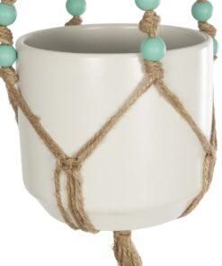 GloboStar® Artificial Garden PUEBLO 20532 Διακοσμητική Κεραμική Γλάστρα Λευκή με Μακραμέ Μ13 x Π13 x Υ12 cm