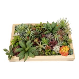 GloboStar® Artificial Garden VARIOUS PLANT 20642 Τεχνητό Διακοσμητικό Φυλλωσιάς σε Ξύλινο Πάνελ – Κάθετος Κήπος Μιξ Μ60 x Π40 x Υ20cm
