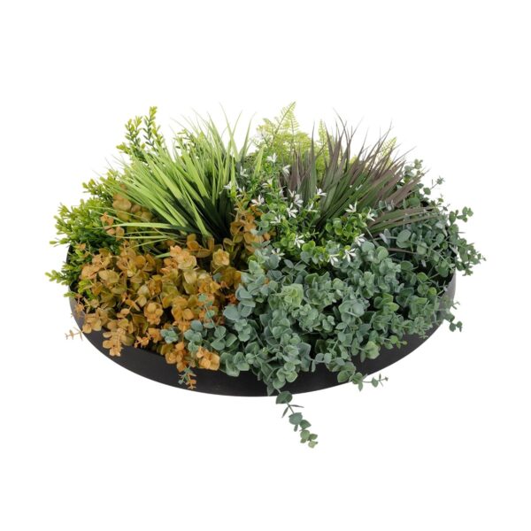 GloboStar® Artificial Garden VARIOUS PLANTS ROUND WALL DISC 20688 Τεχνητό Διακοσμητικό Στρογγυλό Πάνελ Φυλλωσιάς – Κάθετος Κήπος Μιξ Μ50 x Π50 x Υ23cm