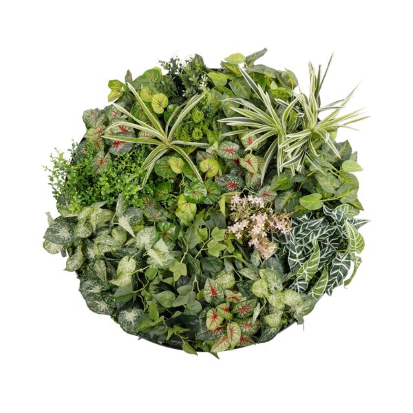 GloboStar® Artificial Garden VARIOUS PLANTS ROUND WALL DISC 20690 Τεχνητό Διακοσμητικό Στρογγυλό Πάνελ Φυλλωσιάς – Κάθετος Κήπος Μιξ Μ80 x Π80 x Υ20cm