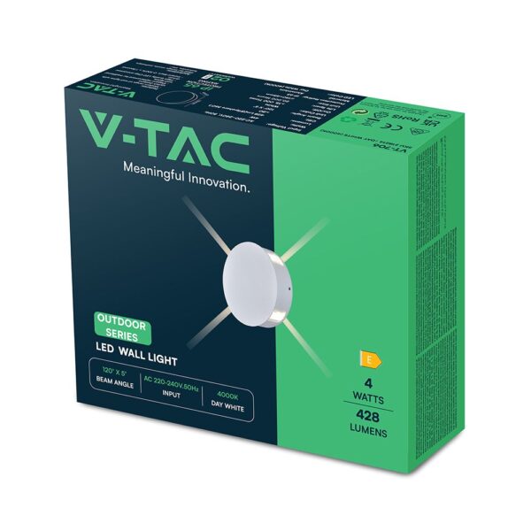 LED Φωτιστικό Τοίχου 4W V-TAC Λευκό Στρογγυλό με 4 Δέσμες IP65 Φυσικό 4000Κ – 218214