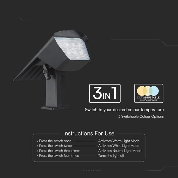 Ηλιακό Φωτιστικό Spot Καρφωτό/Επιδαπέδιο 1.3W LED CCT Ρυθμιζόμενο Μαύρο IP65 V-TAC – 23996