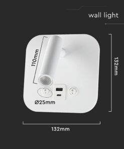 Φωτιστικό Ανάγνωσης Κρεβατιού Ξενοδοχείου V-TAC LED Σπότ & Οπίσθιο Φωτισμό Λευκό με Διακόπτη & Θύρες Φόρτισης USB 830lm 3000K – 240026