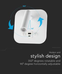 Φωτιστικό Ανάγνωσης Κρεβατιού Ξενοδοχείου V-TAC LED Σπότ & Οπίσθιο Φωτισμό Λευκό με Διακόπτη & Θύρες Φόρτισης USB 830lm 3000K – 240026