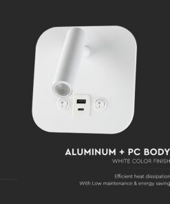 Φωτιστικό Ανάγνωσης Κρεβατιού Ξενοδοχείου V-TAC LED Σπότ & Οπίσθιο Φωτισμό Λευκό με Διακόπτη & Θύρες Φόρτισης USB 830lm 3000K – 240026