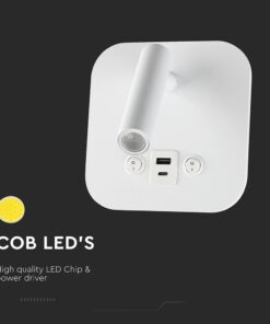 Φωτιστικό Ανάγνωσης Κρεβατιού Ξενοδοχείου V-TAC LED Σπότ & Οπίσθιο Φωτισμό Λευκό με Διακόπτη & Θύρες Φόρτισης USB 830lm 3000K – 240026