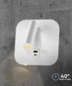 Φωτιστικό Ανάγνωσης Κρεβατιού Ξενοδοχείου V-TAC LED Σπότ & Οπίσθιο Φωτισμό Λευκό με Διακόπτη & Θύρες Φόρτισης USB 830lm 3000K – 240026