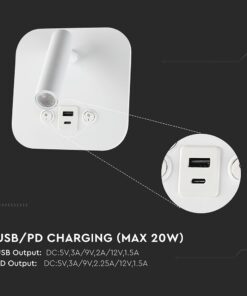 Φωτιστικό Ανάγνωσης Κρεβατιού Ξενοδοχείου V-TAC LED Σπότ & Οπίσθιο Φωτισμό Λευκό με Διακόπτη & Θύρες Φόρτισης USB 830lm 3000K – 240026