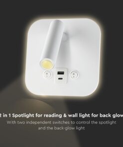 Φωτιστικό Ανάγνωσης Κρεβατιού Ξενοδοχείου V-TAC LED Σπότ & Οπίσθιο Φωτισμό Λευκό με Διακόπτη & Θύρες Φόρτισης USB 830lm 3000K – 240026