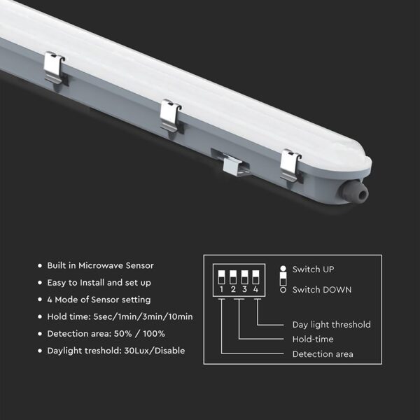 LED Αδιάβροχο IP65 Φωτιστικό Τύπου Φθορίου 36W V-TAC 120cm με Ανιχνευτή Κίνησης 4320lm 6500K – 24013