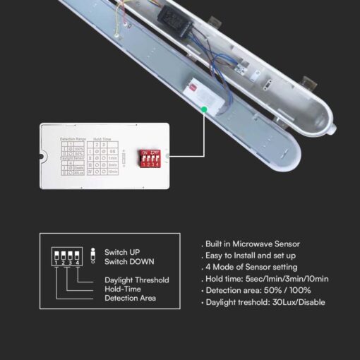 LED Αδιάβροχο IP65 Φωτιστικό Τύπου Φθορίου 48W V-TAC 150cm με Ανιχνευτή Κίνησης 5760lm 6500K – 24017