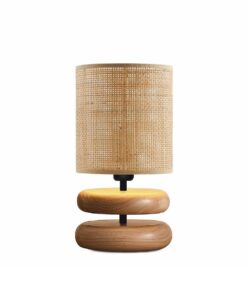 GloboStar® KLOO 204-0143 Boho Eπιτραπέζιο Φωτιστικό Μονόφωτο 1 x E14 IP20 Καφέ Ξύλο με Μπεζ Διάτρητο Ύφασμα – Μ15 x Π15 x Υ35cm