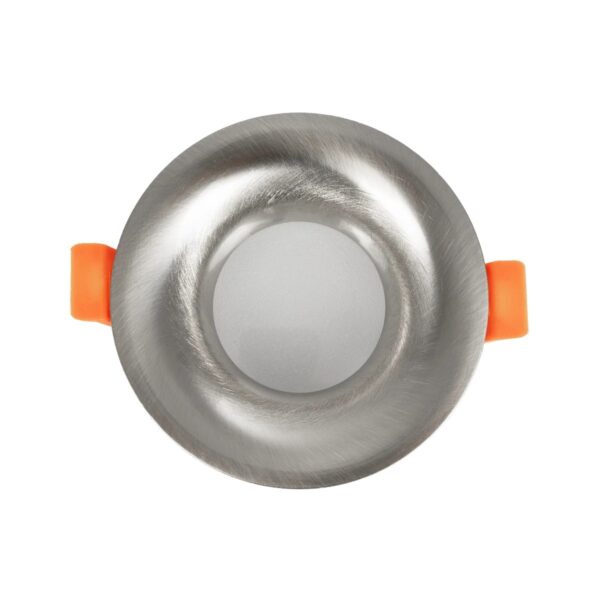 GLOBOSTAR® LAMDA 61317 Χωνευτή Στρόγγυλη Βάση Σποτ Οροφής/Μπάνιου για Λάμπα MR16/GU10 Αδιάβροχο IP65 – Νίκελ Βούρτσας Αλουμίνιο & Λευκό Γυαλί – Φ8.5 x Υ3.5cm / Q7.5cm