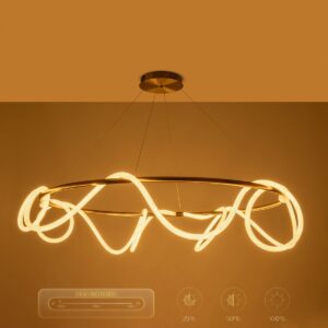 kelvo® GLOW 61661 Μοντέρνο Κρεμαστό Φωτιστικό Οροφής LED 100W 10000lm 360° AC 220-240V IP20 Ρυθμιζόμενο Λευκό CCT με Χειριστήριο από 2700K έως 6000K Dimmable – Lumileds SMD Chip – Χρυσό Πλατίνα & Λευκό Νήμα – Μ150 x Π150 x Υ100cm – 3 Χρόνια Εγγύηση