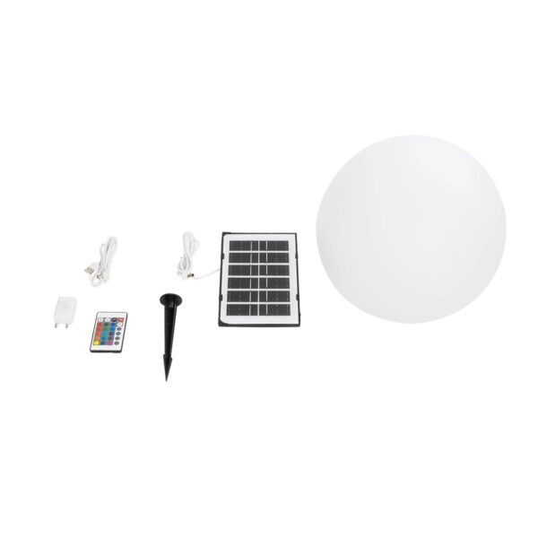GLOBOSTAR® AQUAGLOW 71475 Μοντέρνο Φωτιστικό Κήπου Μπάλα με IR Ασύρματο Χειριστήριο LED 5W 400lm 360° DC 5V με USB-C με Ενσωματωμένο Φωτοβολταϊκό Panel 6V 1.5W & Επαναφορτιζόμενη Μπαταρία Li-ion 3.7V 3×18650 1800mAh Αδιάβροχο IP54 Πολύχρωμο RGBW Dimmable – Sanan SMD Chip – Γαλακτερό Λευκό – Μ35 x Π35 x Υ35cm – 2 Χρόνια Εγγύηση