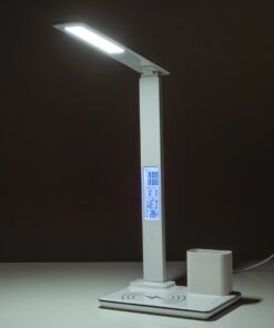 GLOBOSTAR® ZENTIME 76554 Μοντέρνο Επιτραπέζιο Φωτιστικό Γραφείου με Ασύρματη Φόρτιση 15W 3A & Ψηφιακό Ρολόι LED 3.5W 350lm 120° DC 5V με USB-C IP20 Ρυθμιζόμενο Λευκό CCT με Αφή 2700K/4500K/6000K Dimmable – Sanan SMD Chip – Μαύρο – Μ19.5 x Π14.5 x Υ38.8cm – 2 Χρόνια Εγγύηση