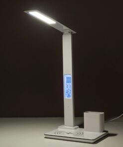 GLOBOSTAR® ZENTIME 76554 Μοντέρνο Επιτραπέζιο Φωτιστικό Γραφείου με Ασύρματη Φόρτιση 15W 3A & Ψηφιακό Ρολόι LED 3.5W 350lm 120° DC 5V με USB-C IP20 Ρυθμιζόμενο Λευκό CCT με Αφή 2700K/4500K/6000K Dimmable – Sanan SMD Chip – Μαύρο – Μ19.5 x Π14.5 x Υ38.8cm – 2 Χρόνια Εγγύηση