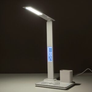 GLOBOSTAR® ZENTIME 76554 Μοντέρνο Επιτραπέζιο Φωτιστικό Γραφείου με Ασύρματη Φόρτιση 15W 3A & Ψηφιακό Ρολόι LED 3.5W 350lm 120° DC 5V με USB-C IP20 Ρυθμιζόμενο Λευκό CCT με Αφή 2700K/4500K/6000K Dimmable – Sanan SMD Chip – Μαύρο – Μ19.5 x Π14.5 x Υ38.8cm – 2 Χρόνια Εγγύηση