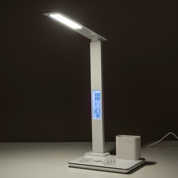 GLOBOSTAR® ZENTIME 76554 Μοντέρνο Επιτραπέζιο Φωτιστικό Γραφείου με Ασύρματη Φόρτιση 15W 3A & Ψηφιακό Ρολόι LED 3.5W 350lm 120° DC 5V με USB-C IP20 Ρυθμιζόμενο Λευκό CCT με Αφή 2700K/4500K/6000K Dimmable – Sanan SMD Chip – Μαύρο – Μ19.5 x Π14.5 x Υ38.8cm – 2 Χρόνια Εγγύηση