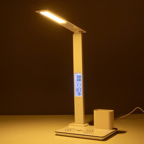 GLOBOSTAR® ZENTIME 76554 Μοντέρνο Επιτραπέζιο Φωτιστικό Γραφείου με Ασύρματη Φόρτιση 15W 3A & Ψηφιακό Ρολόι LED 3.5W 350lm 120° DC 5V με USB-C IP20 Ρυθμιζόμενο Λευκό CCT με Αφή 2700K/4500K/6000K Dimmable – Sanan SMD Chip – Μαύρο – Μ19.5 x Π14.5 x Υ38.8cm – 2 Χρόνια Εγγύηση