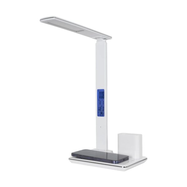 GLOBOSTAR® ZENTIME 76554 Μοντέρνο Επιτραπέζιο Φωτιστικό Γραφείου με Ασύρματη Φόρτιση 15W 3A & Ψηφιακό Ρολόι LED 3.5W 350lm 120° DC 5V με USB-C IP20 Ρυθμιζόμενο Λευκό CCT με Αφή 2700K/4500K/6000K Dimmable – Sanan SMD Chip – Μαύρο – Μ19.5 x Π14.5 x Υ38.8cm – 2 Χρόνια Εγγύηση