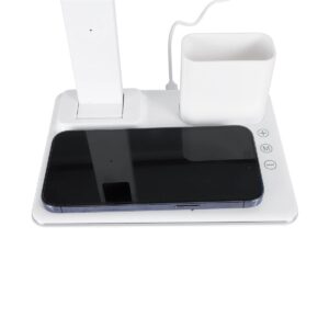 GLOBOSTAR® ZENTIME 76554 Μοντέρνο Επιτραπέζιο Φωτιστικό Γραφείου με Ασύρματη Φόρτιση 15W 3A & Ψηφιακό Ρολόι LED 3.5W 350lm 120° DC 5V με USB-C IP20 Ρυθμιζόμενο Λευκό CCT με Αφή 2700K/4500K/6000K Dimmable – Sanan SMD Chip – Μαύρο – Μ19.5 x Π14.5 x Υ38.8cm – 2 Χρόνια Εγγύηση