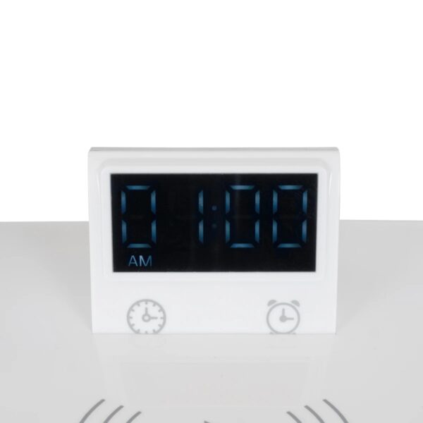 GLOBOSTAR® OLDY 76557 Μοντέρνο Επιτραπέζιο Φωτιστικό Γραφείου με Ασύρματη Φόρτιση 15W 3A, 5W Bluetooth Ηχείο & Ψηφιακό Ρολόι LED 3W 300lm 120° DC 5V με USB-C IP20 Ρυθμιζόμενο Λευκό CCT με Αφή 2700K/4500K/6000K Dimmable – Sanan SMD Chip – Λευκό – Μ13 x Π25 x Υ43cm – 2 Χρόνια Εγγύηση