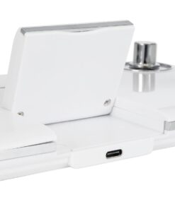 GLOBOSTAR® OLDY 76557 Μοντέρνο Επιτραπέζιο Φωτιστικό Γραφείου με Ασύρματη Φόρτιση 15W 3A, 5W Bluetooth Ηχείο & Ψηφιακό Ρολόι LED 3W 300lm 120° DC 5V με USB-C IP20 Ρυθμιζόμενο Λευκό CCT με Αφή 2700K/4500K/6000K Dimmable – Sanan SMD Chip – Λευκό – Μ13 x Π25 x Υ43cm – 2 Χρόνια Εγγύηση