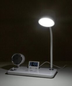 GLOBOSTAR® OLDY 76557 Μοντέρνο Επιτραπέζιο Φωτιστικό Γραφείου με Ασύρματη Φόρτιση 15W 3A, 5W Bluetooth Ηχείο & Ψηφιακό Ρολόι LED 3W 300lm 120° DC 5V με USB-C IP20 Ρυθμιζόμενο Λευκό CCT με Αφή 2700K/4500K/6000K Dimmable – Sanan SMD Chip – Λευκό – Μ13 x Π25 x Υ43cm – 2 Χρόνια Εγγύηση