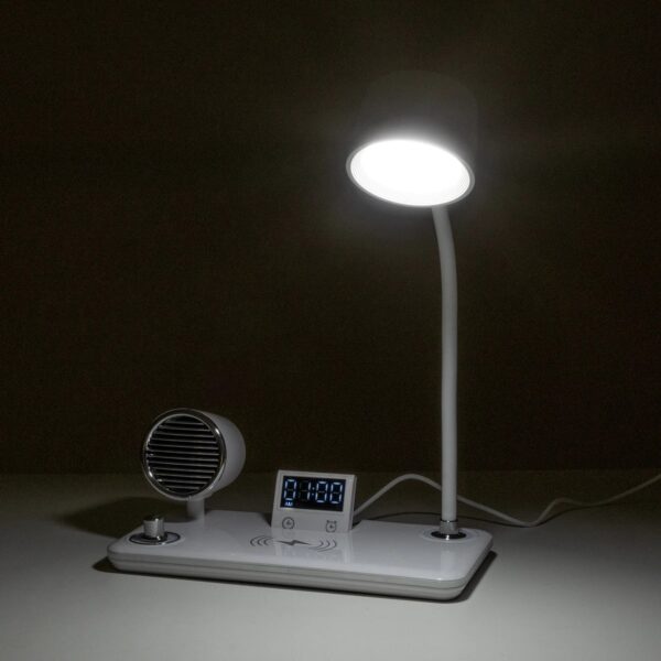 GLOBOSTAR® OLDY 76557 Μοντέρνο Επιτραπέζιο Φωτιστικό Γραφείου με Ασύρματη Φόρτιση 15W 3A, 5W Bluetooth Ηχείο & Ψηφιακό Ρολόι LED 3W 300lm 120° DC 5V με USB-C IP20 Ρυθμιζόμενο Λευκό CCT με Αφή 2700K/4500K/6000K Dimmable – Sanan SMD Chip – Λευκό – Μ13 x Π25 x Υ43cm – 2 Χρόνια Εγγύηση