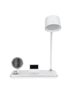 GLOBOSTAR® OLDY 76557 Μοντέρνο Επιτραπέζιο Φωτιστικό Γραφείου με Ασύρματη Φόρτιση 15W 3A, 5W Bluetooth Ηχείο & Ψηφιακό Ρολόι LED 3W 300lm 120° DC 5V με USB-C IP20 Ρυθμιζόμενο Λευκό CCT με Αφή 2700K/4500K/6000K Dimmable – Sanan SMD Chip – Λευκό – Μ13 x Π25 x Υ43cm – 2 Χρόνια Εγγύηση