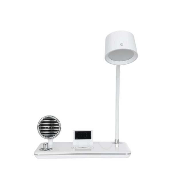 GLOBOSTAR® OLDY 76557 Μοντέρνο Επιτραπέζιο Φωτιστικό Γραφείου με Ασύρματη Φόρτιση 15W 3A, 5W Bluetooth Ηχείο & Ψηφιακό Ρολόι LED 3W 300lm 120° DC 5V με USB-C IP20 Ρυθμιζόμενο Λευκό CCT με Αφή 2700K/4500K/6000K Dimmable – Sanan SMD Chip – Λευκό – Μ13 x Π25 x Υ43cm – 2 Χρόνια Εγγύηση