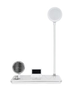 GLOBOSTAR® OLDY 76557 Μοντέρνο Επιτραπέζιο Φωτιστικό Γραφείου με Ασύρματη Φόρτιση 15W 3A, 5W Bluetooth Ηχείο & Ψηφιακό Ρολόι LED 3W 300lm 120° DC 5V με USB-C IP20 Ρυθμιζόμενο Λευκό CCT με Αφή 2700K/4500K/6000K Dimmable – Sanan SMD Chip – Λευκό – Μ13 x Π25 x Υ43cm – 2 Χρόνια Εγγύηση