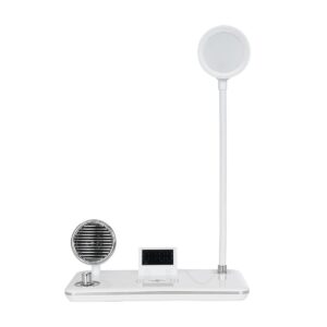 GLOBOSTAR® OLDY 76557 Μοντέρνο Επιτραπέζιο Φωτιστικό Γραφείου με Ασύρματη Φόρτιση 15W 3A, 5W Bluetooth Ηχείο & Ψηφιακό Ρολόι LED 3W 300lm 120° DC 5V με USB-C IP20 Ρυθμιζόμενο Λευκό CCT με Αφή 2700K/4500K/6000K Dimmable – Sanan SMD Chip – Λευκό – Μ13 x Π25 x Υ43cm – 2 Χρόνια Εγγύηση