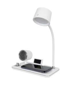 GLOBOSTAR® OLDY 76557 Μοντέρνο Επιτραπέζιο Φωτιστικό Γραφείου με Ασύρματη Φόρτιση 15W 3A, 5W Bluetooth Ηχείο & Ψηφιακό Ρολόι LED 3W 300lm 120° DC 5V με USB-C IP20 Ρυθμιζόμενο Λευκό CCT με Αφή 2700K/4500K/6000K Dimmable – Sanan SMD Chip – Λευκό – Μ13 x Π25 x Υ43cm – 2 Χρόνια Εγγύηση